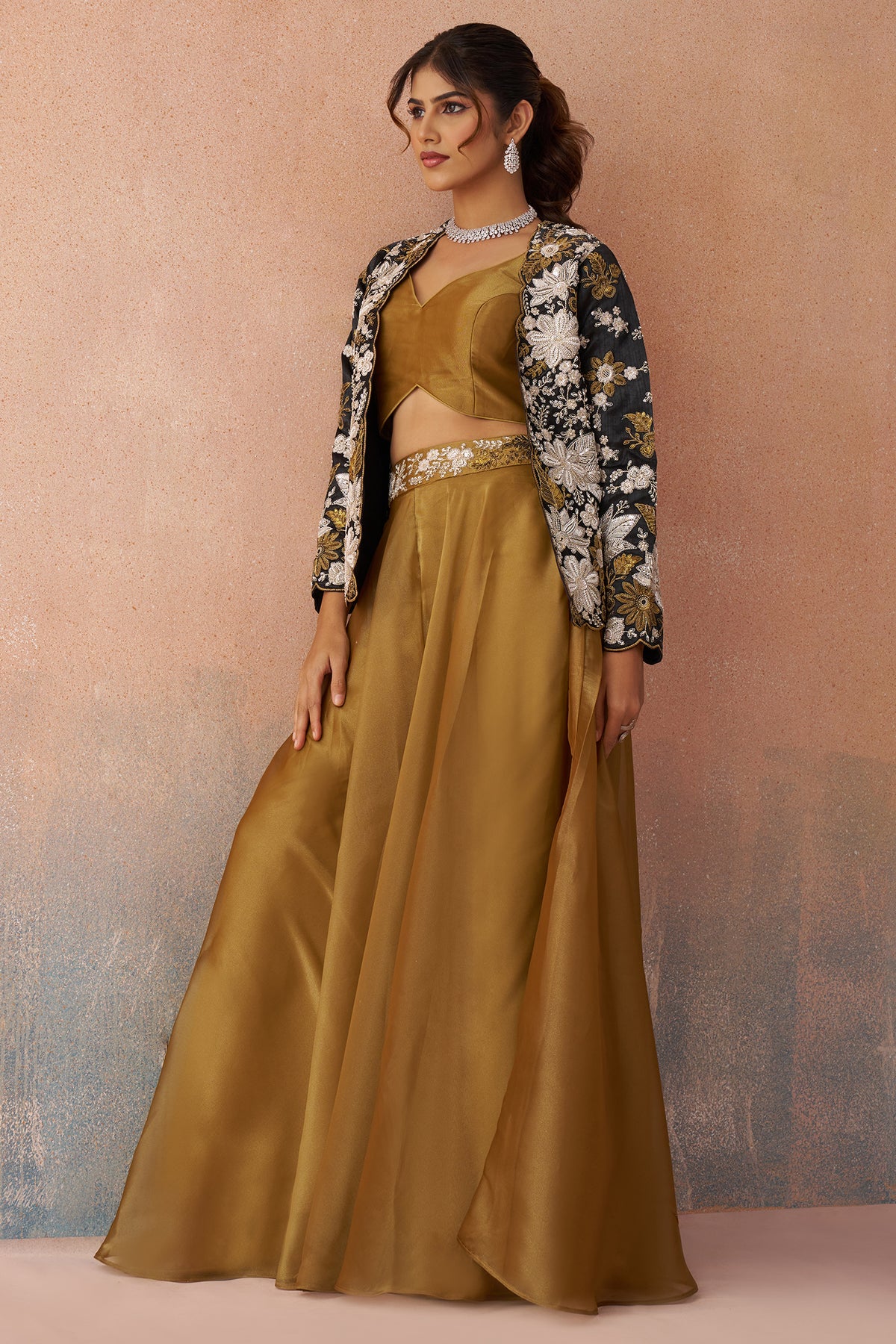 Designer Golden Mustard Tissue Palazzo Set for festive wear