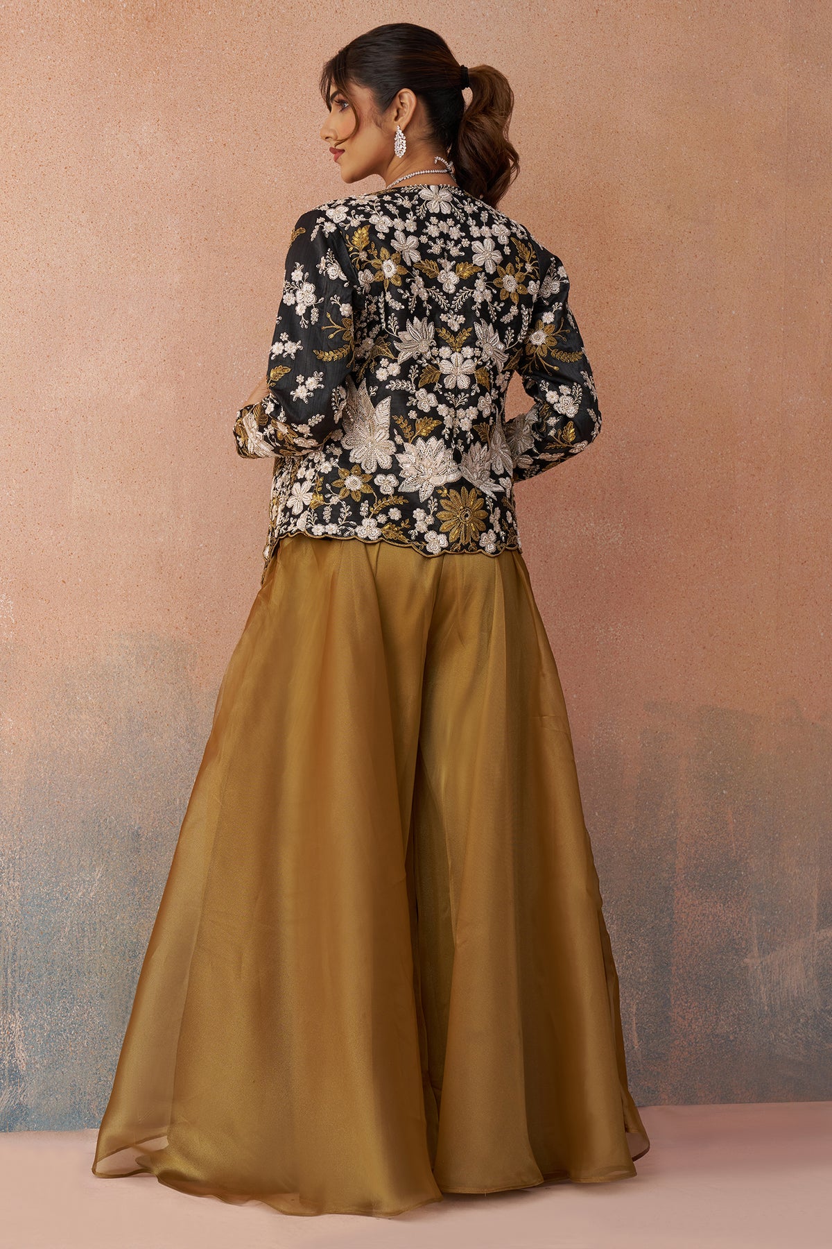 Golden Mustard Tissue Crop Top with Floral Embroidered Jacket And Palazzo Set - red saree embroidered