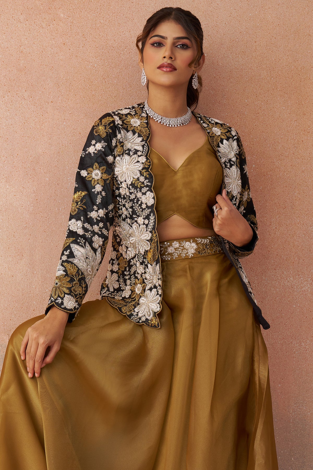 Golden Mustard Tissue Palazzo Set with matching crop top and jacket