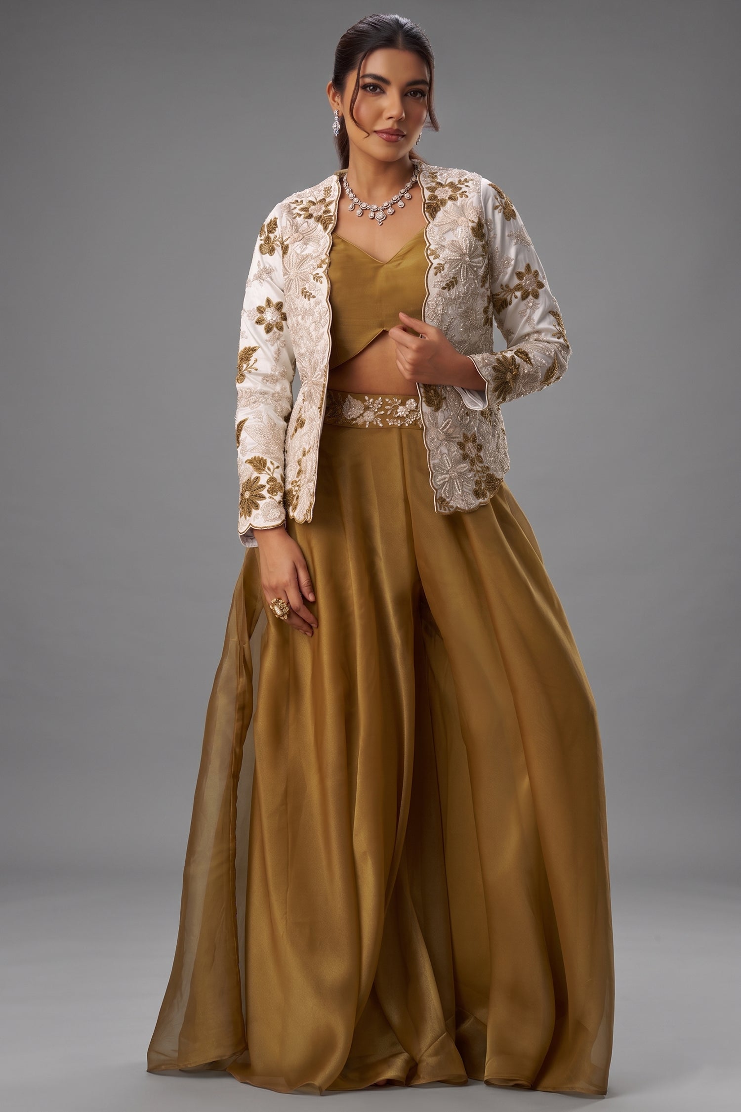 Golden Mustard Tissue Palazzo Set - Front View