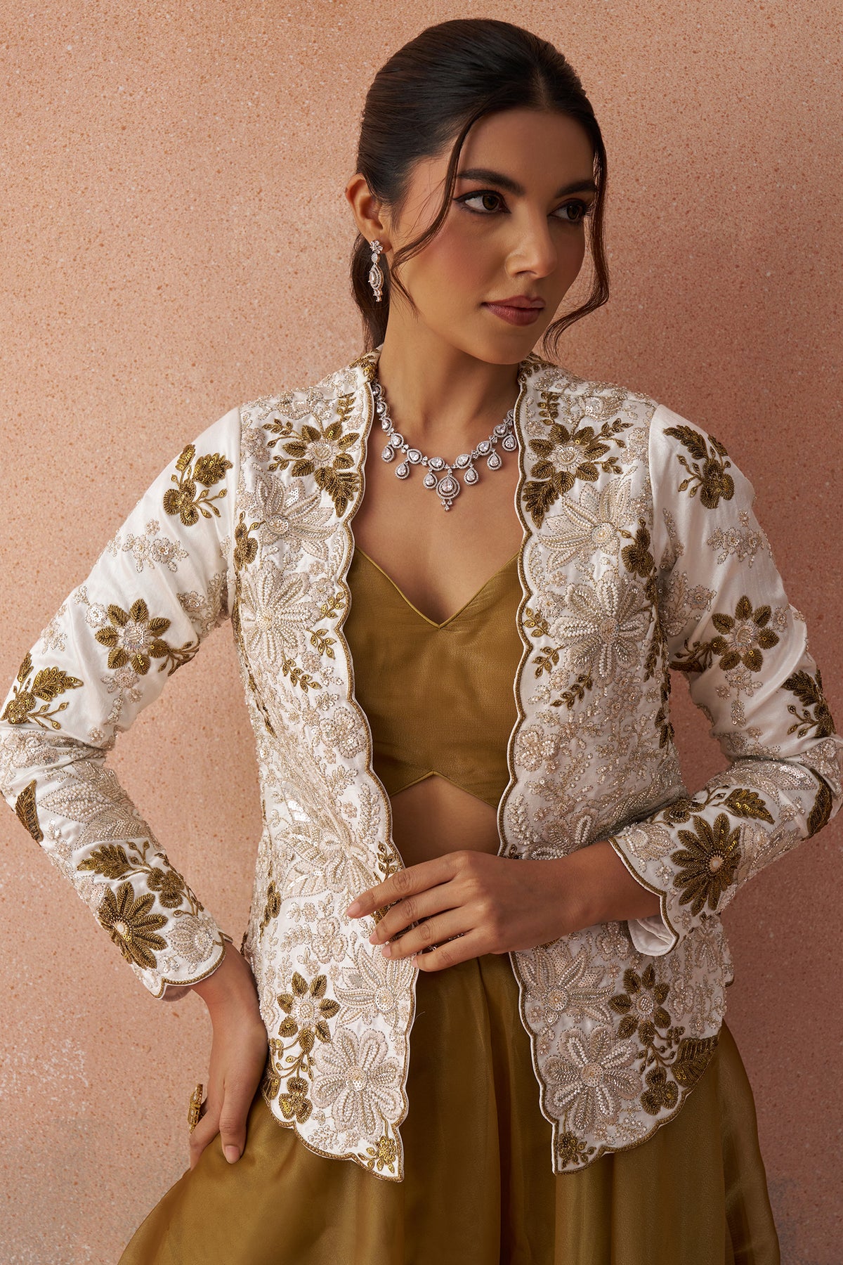 Golden Mustard Tissue Crop Top with Floral Embroidered Jacket and Palazzo Set - red saree embroidered
