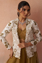 Golden Mustard Tissue Crop Top with Floral Embroidered Jacket and Palazzo Set - red saree embroidered