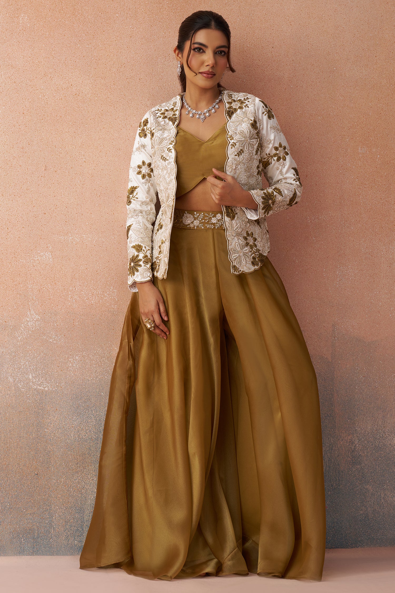 Designer Golden Mustard Tissue Palazzo Set for festive wear