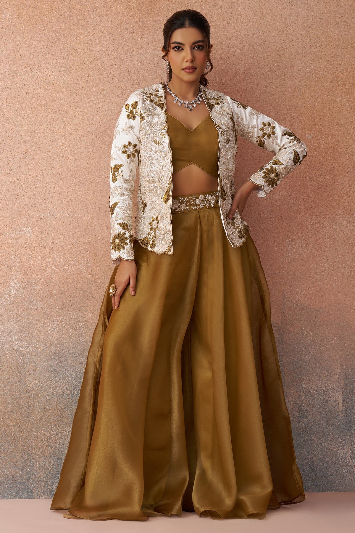 Beadwork and embroidery details of the Golden Mustard Tissue Palazzo Set
