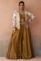 Beadwork and embroidery details of the Golden Mustard Tissue Palazzo Set