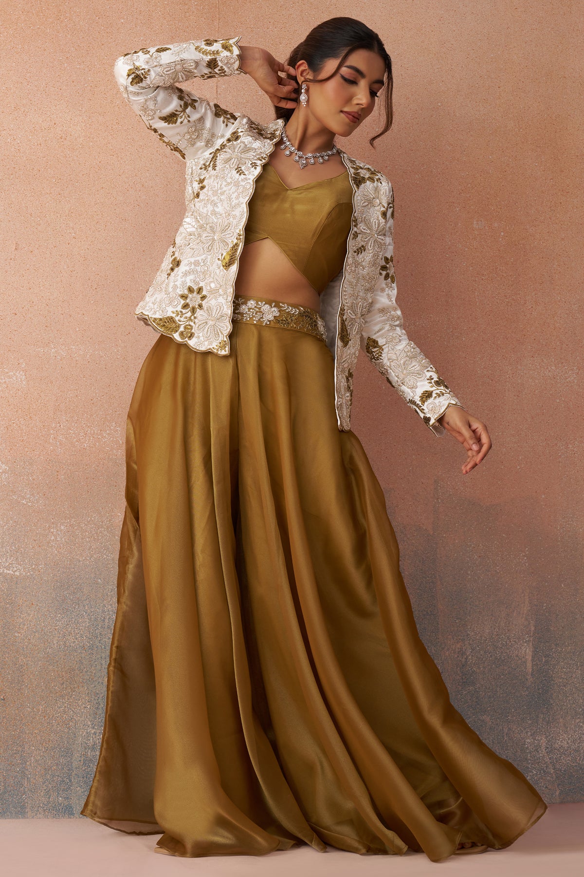 Golden Mustard Tissue Palazzo Set with matching crop top and jacket