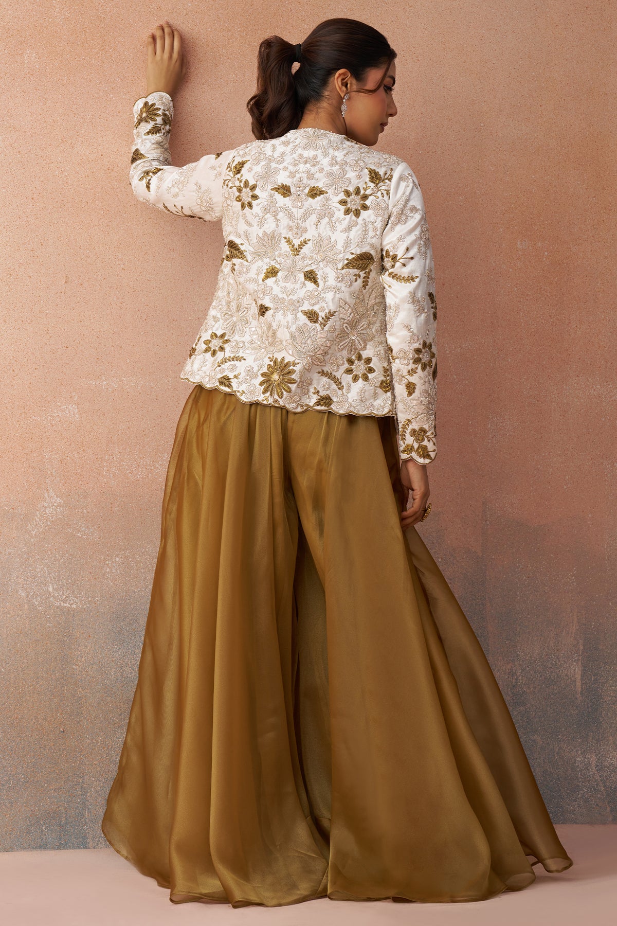 Golden Mustard Tissue Crop Top with Floral Embroidered Jacket and Palazzo Set - red saree embroidered