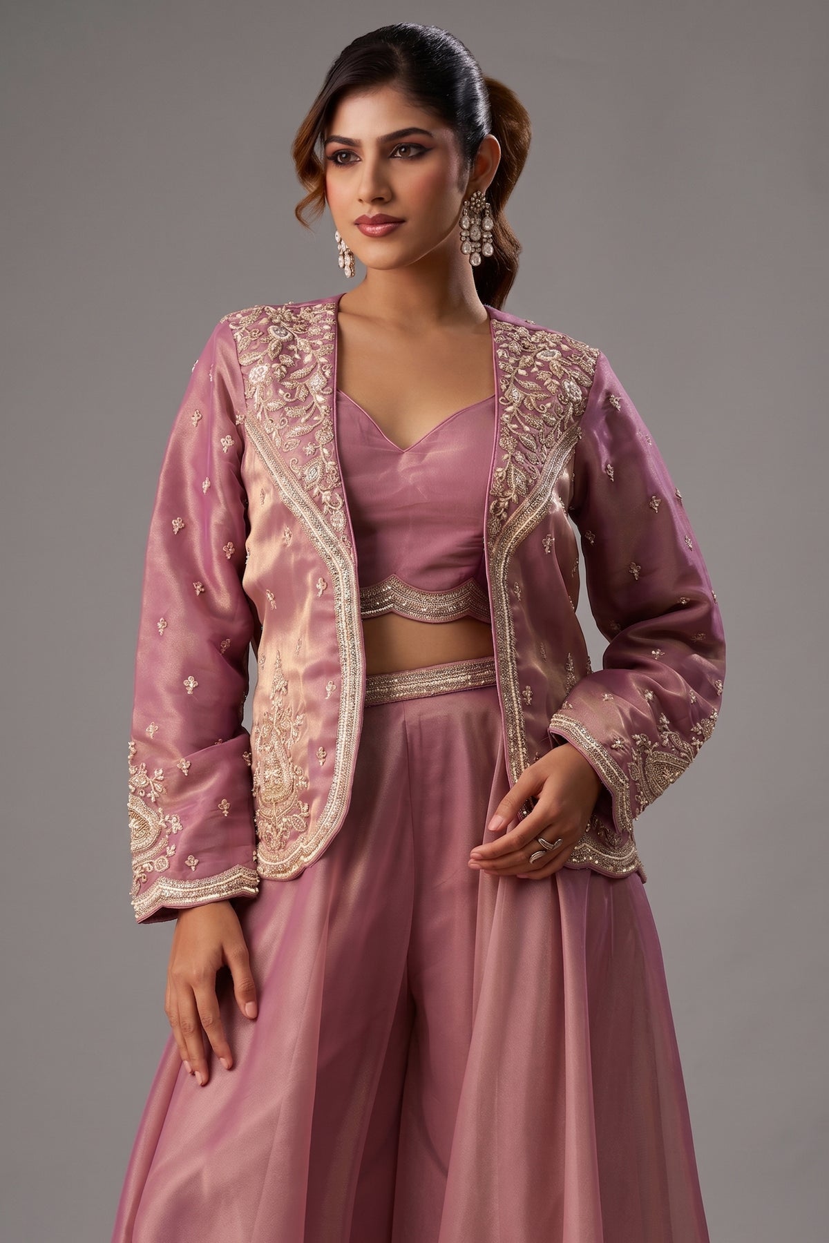 Pink Tissue Crop Top Palazzo Set showcasing close up beadwork and embroidery details