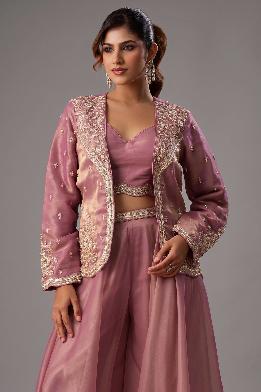 Pink Tissue Crop Top Palazzo Set showcasing close up beadwork and embroidery details