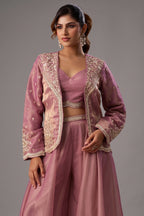 Pink Tissue Crop Top Palazzo Set showcasing close up beadwork and embroidery details