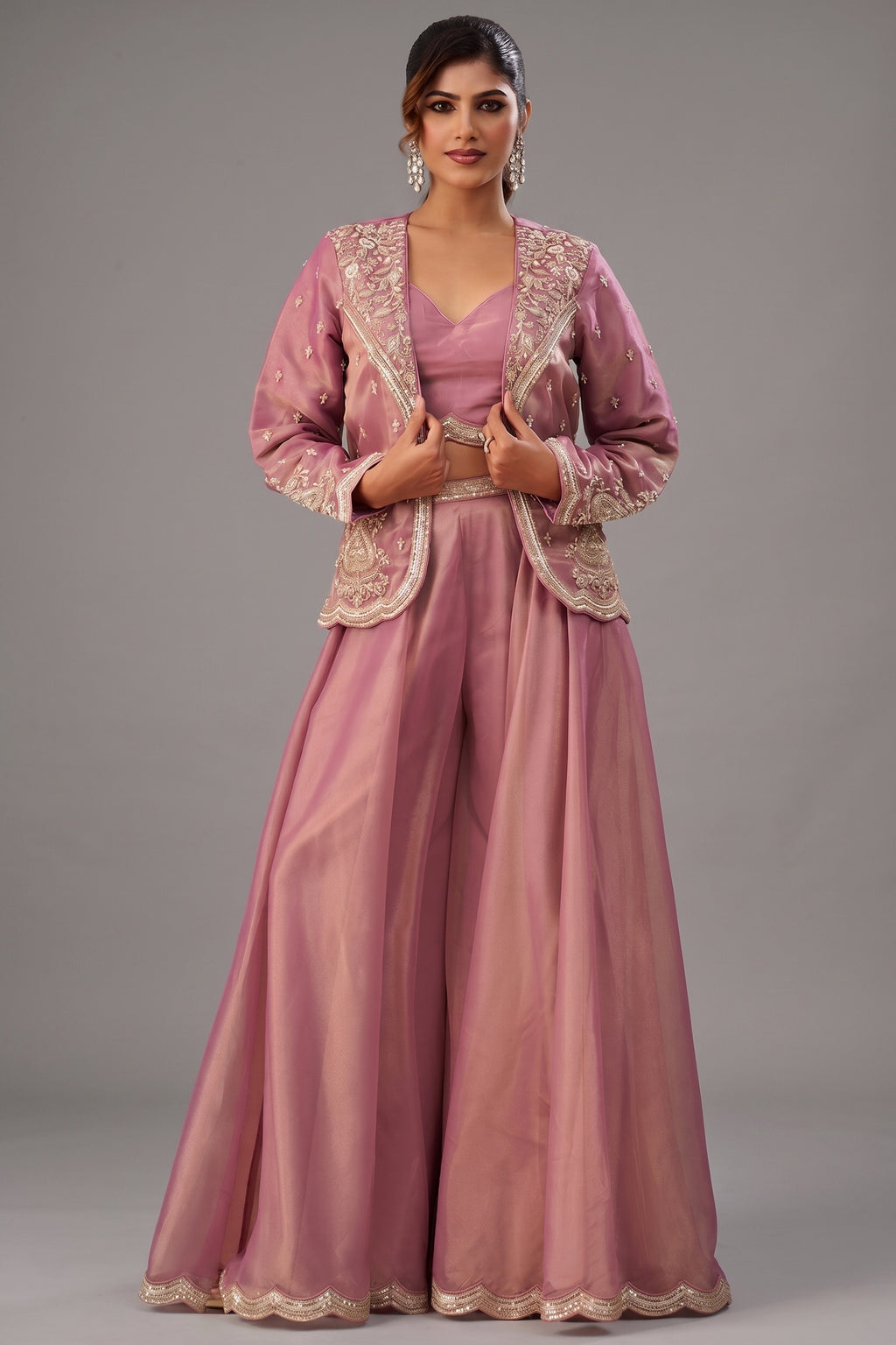 Pink Tissue Crop Top Palazzo Set with intricately embroidered jacket front view