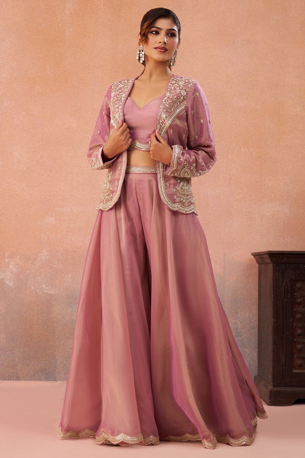 Pink Tissue Crop Top Palazzo Set full length wedding reception and festive look