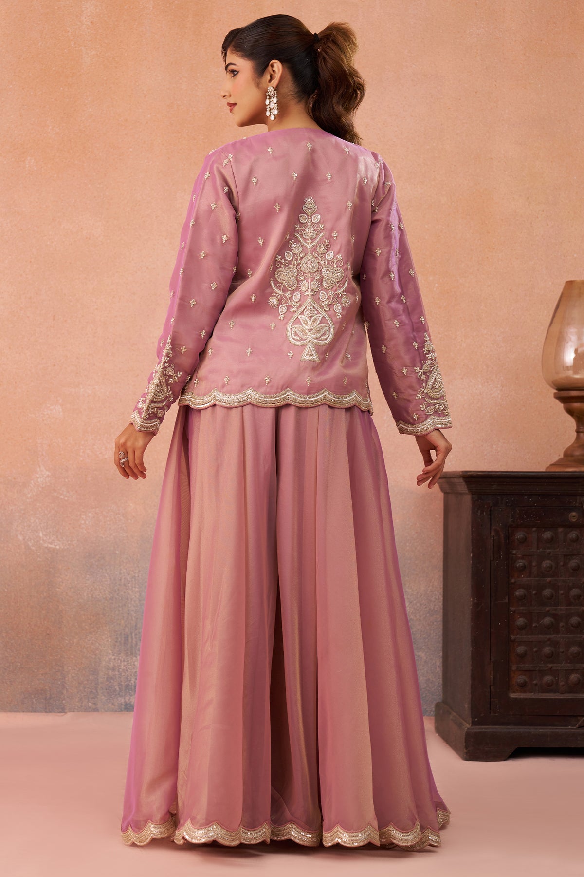 Pink Tissue Crop Top with Embroidered Jacket and Flared Palazzo Set - red saree embroidered