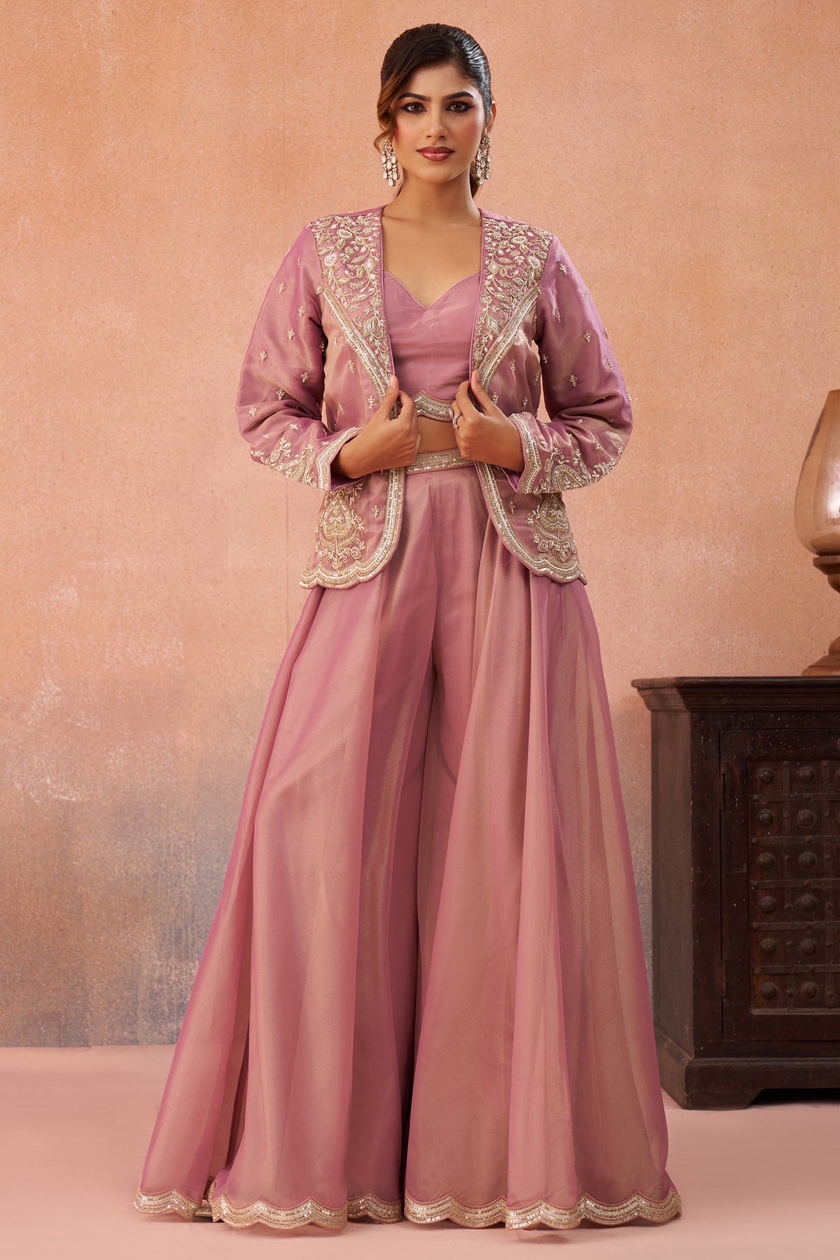 Pink Tissue Crop Top Palazzo Set back view of the structured elegant embroidered jacket