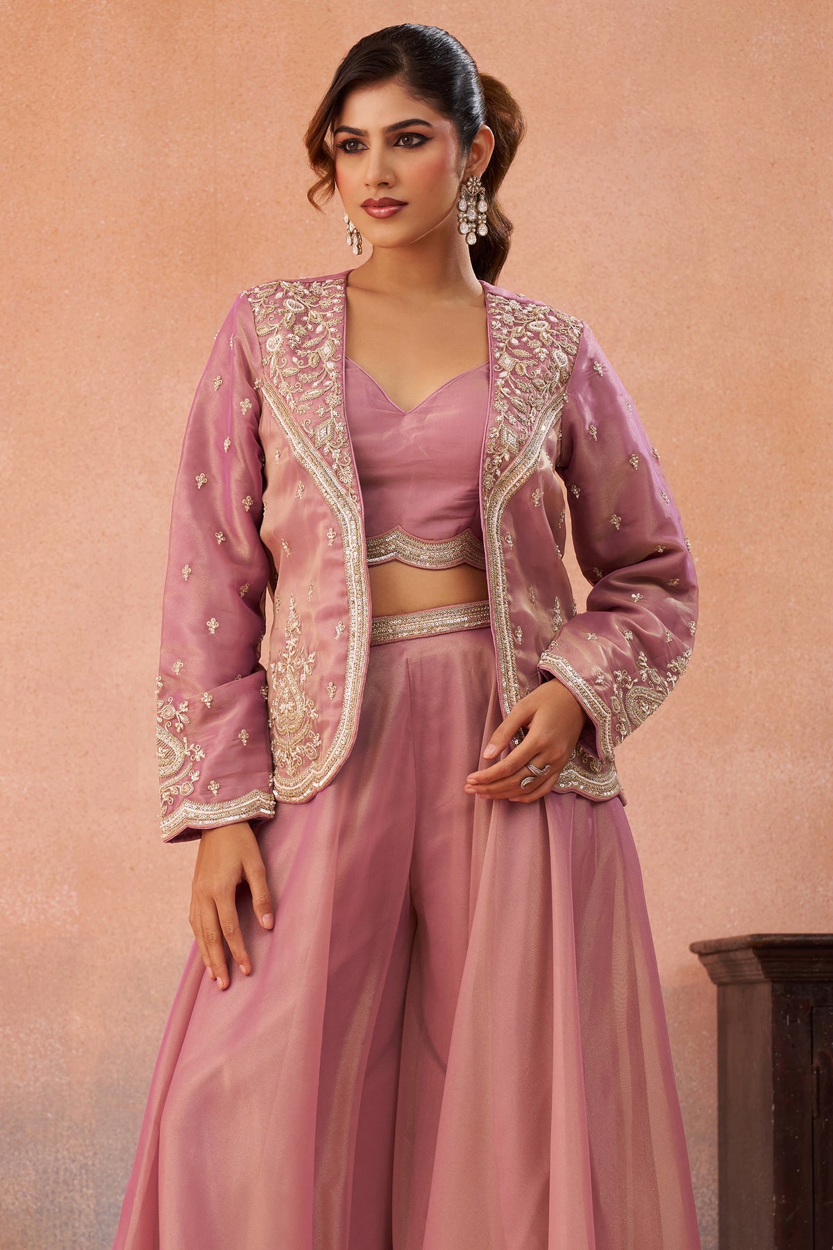 Pink Tissue Crop Top Palazzo Set highlighting premium shimmer tissue fabric texture