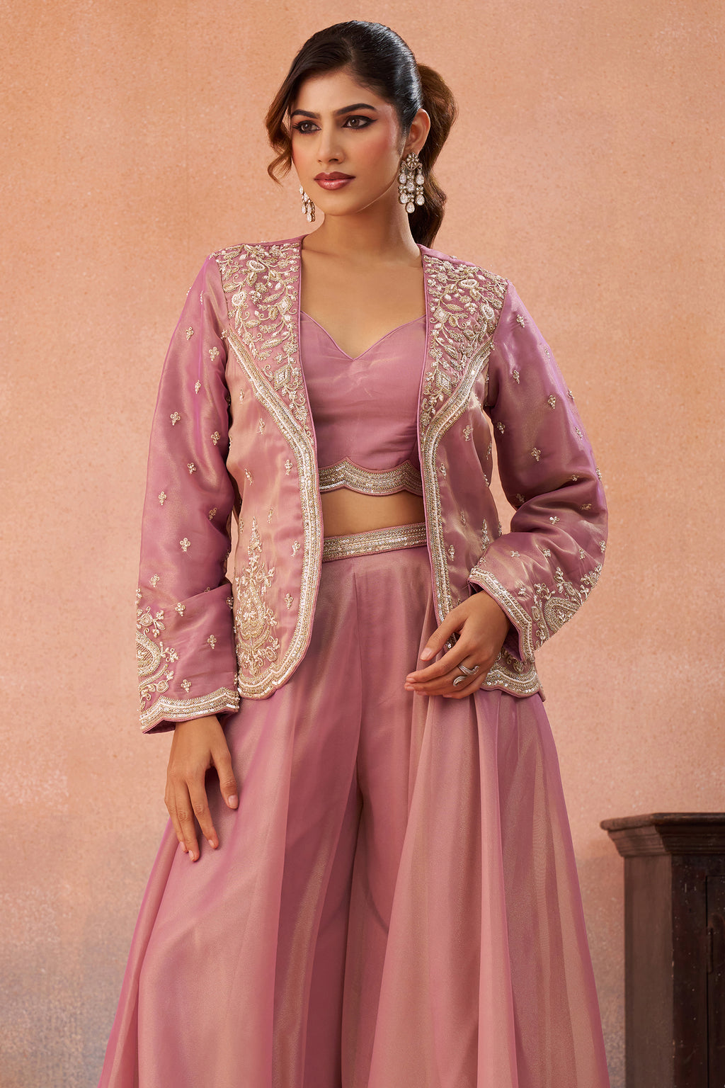 Pink Tissue Crop Top Palazzo Set highlighting premium shimmer tissue fabric texture