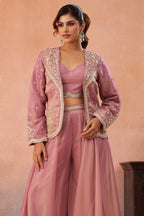 Pink Tissue Crop Top Palazzo Set highlighting premium shimmer tissue fabric texture