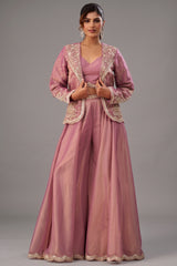 Pink Tissue Crop Top with Embroidered Jacket and Flared Palazzo Set