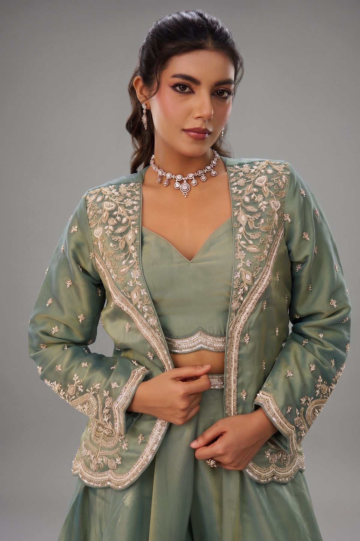 Sage Green Tissue Crop Top Palazzo Set showcasing close up beadwork and embroidery details