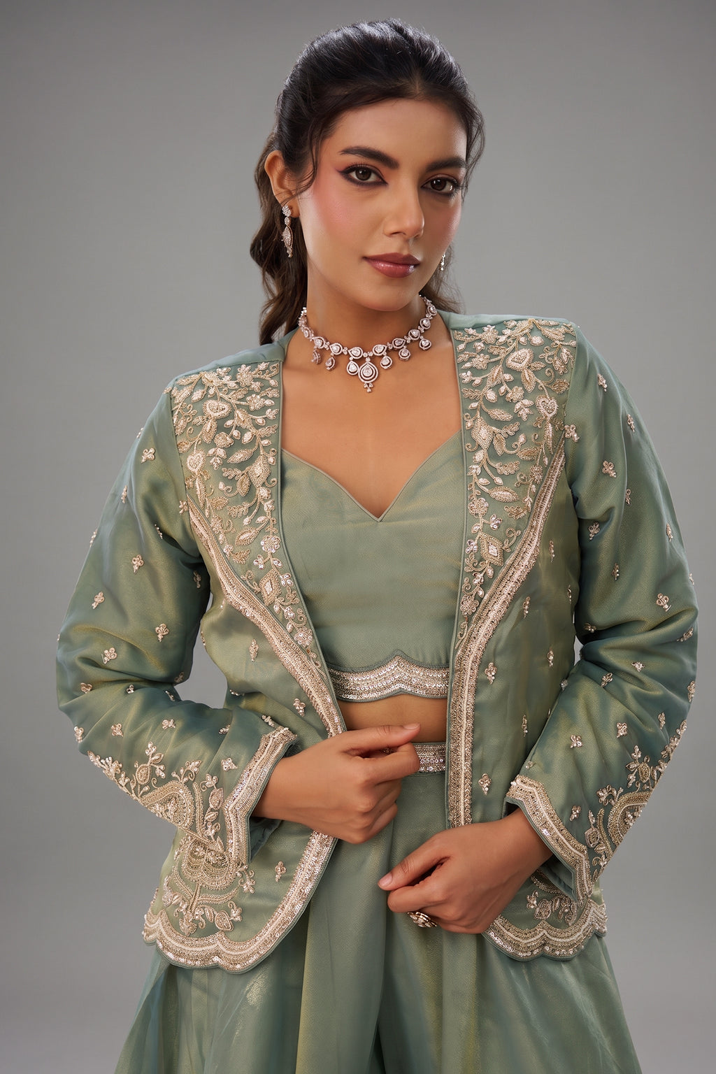 Sage Green Tissue Crop Top Palazzo Set showcasing close up beadwork and embroidery details