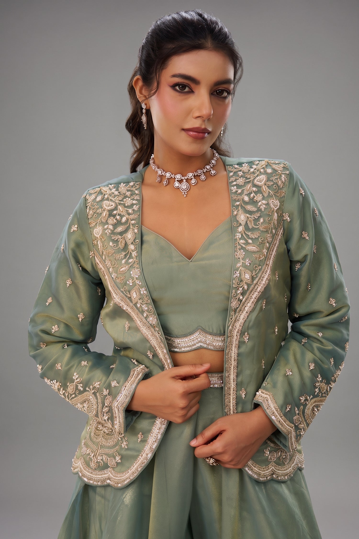 Sage Green Tissue Crop Top Palazzo Set showcasing close up beadwork and embroidery details