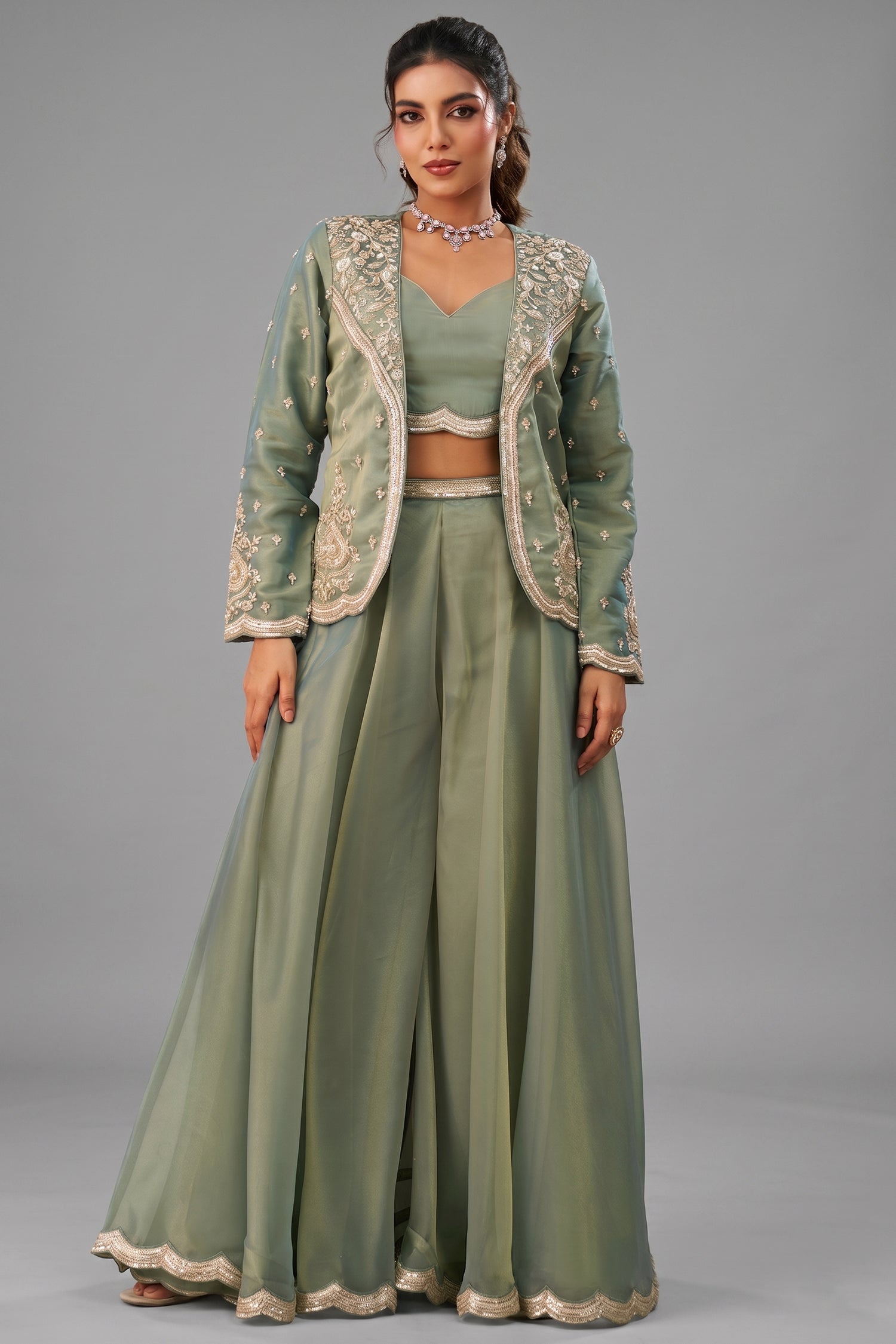 Sage Green Tissue Crop Top Palazzo Set with intricately embroidered jacket front view Main image