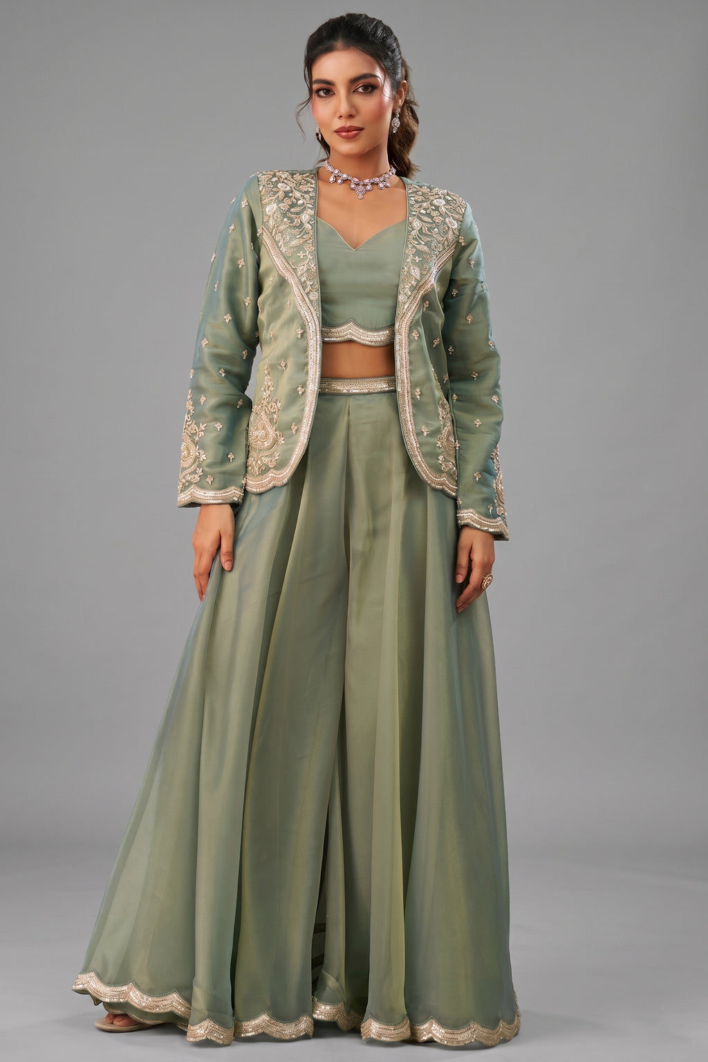 Sage Green Tissue Crop Top Palazzo Set with intricately embroidered jacket front view