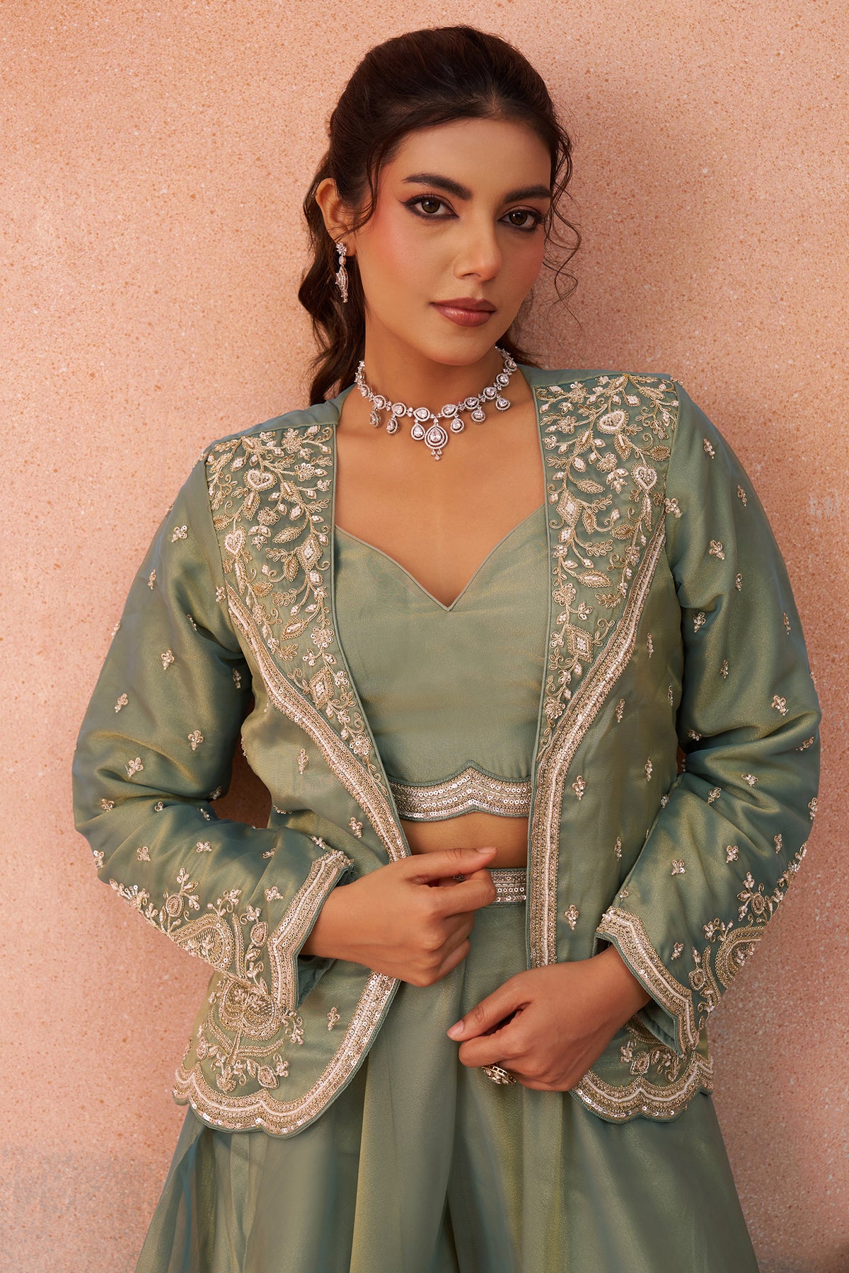 Sage Green Tissue Crop Top Palazzo Set highlighting premium shimmer tissue fabric texture