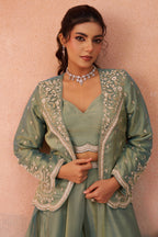 Sage Green Tissue Crop Top Palazzo Set highlighting premium shimmer tissue fabric texture