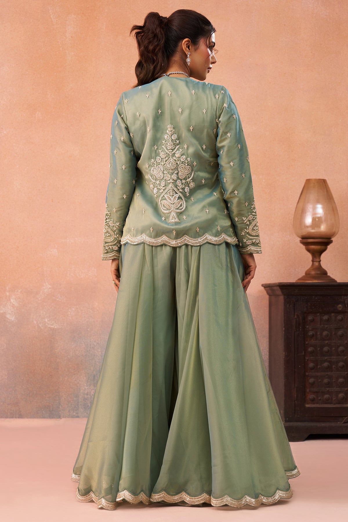 Sage Green Tissue Crop Top with Embroidered Jacket and Flared Palazzo Set - red saree embroidered