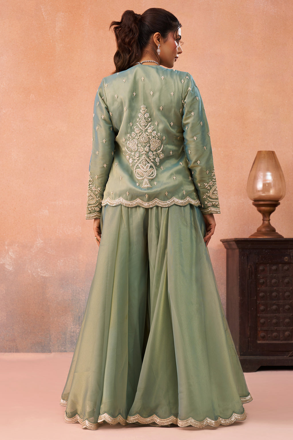 Sage Green Tissue Crop Top with Embroidered Jacket and Flared Palazzo Set - red saree embroidered