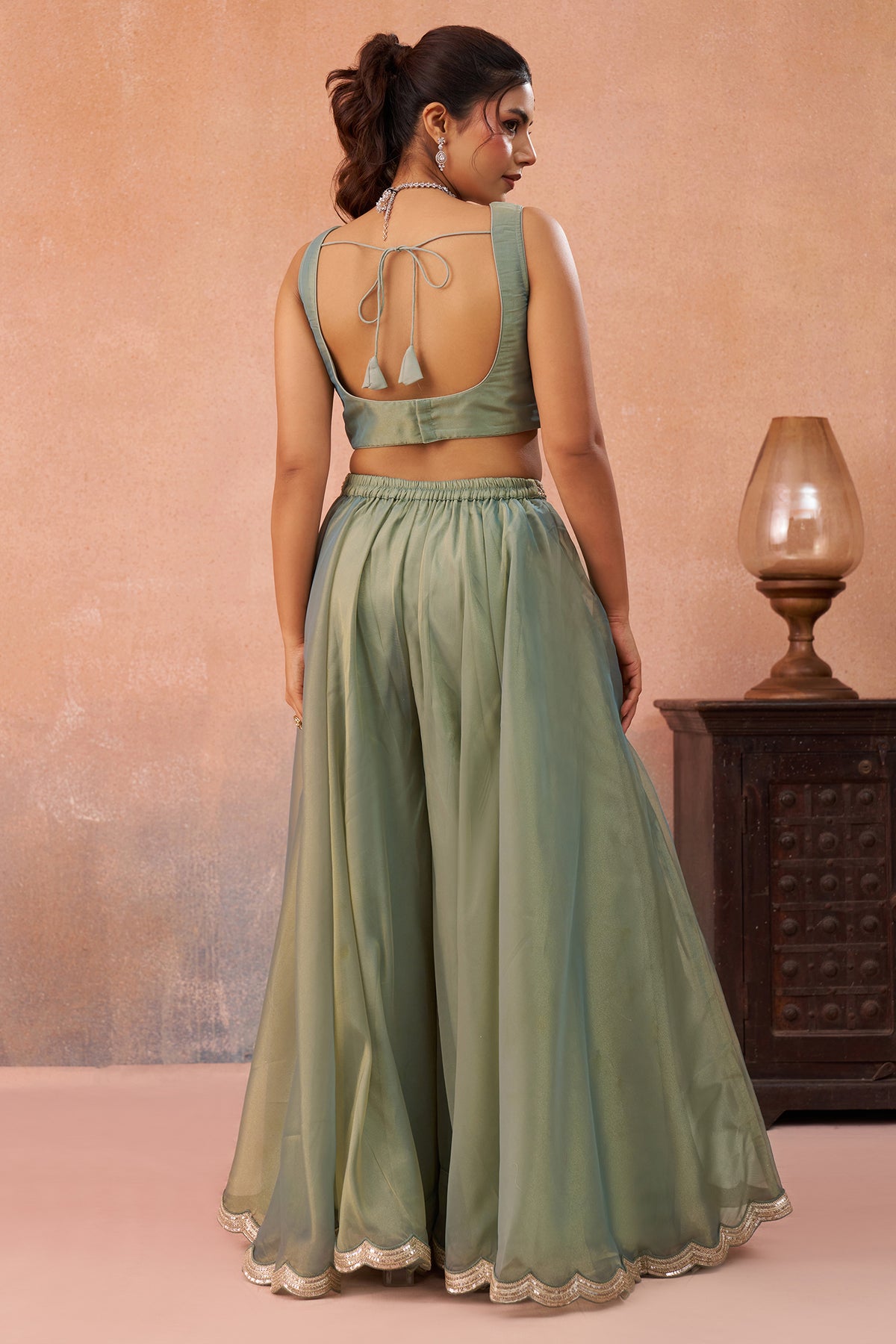 Sage Green Tissue Crop Top with Embroidered Jacket and Flared Palazzo Set - red saree embroidered