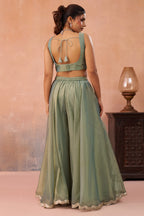 Sage Green Tissue Crop Top with Embroidered Jacket and Flared Palazzo Set - red saree embroidered