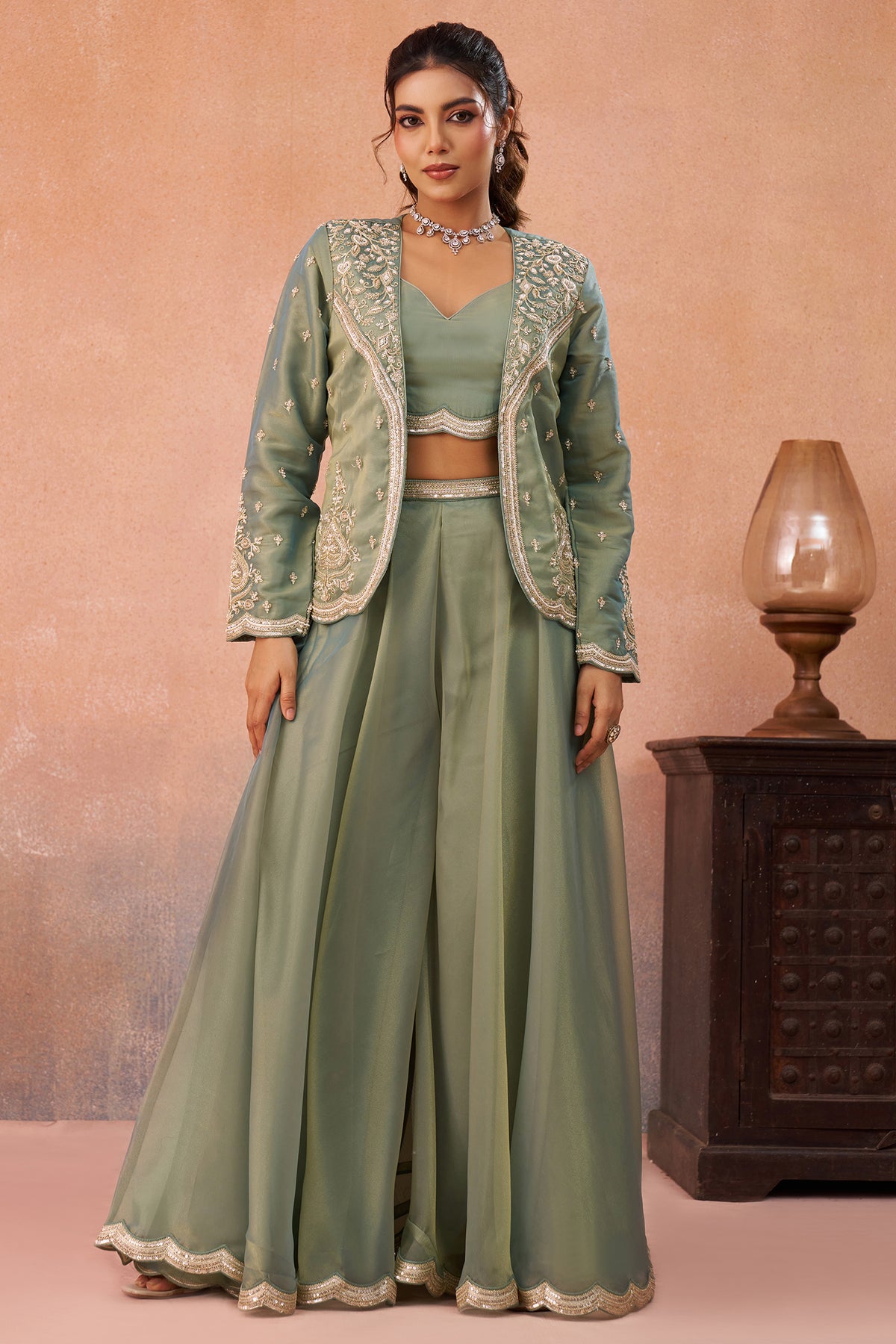 Sage Green Tissue Crop Top Palazzo Set back view of the structured elegant embroidered jacket