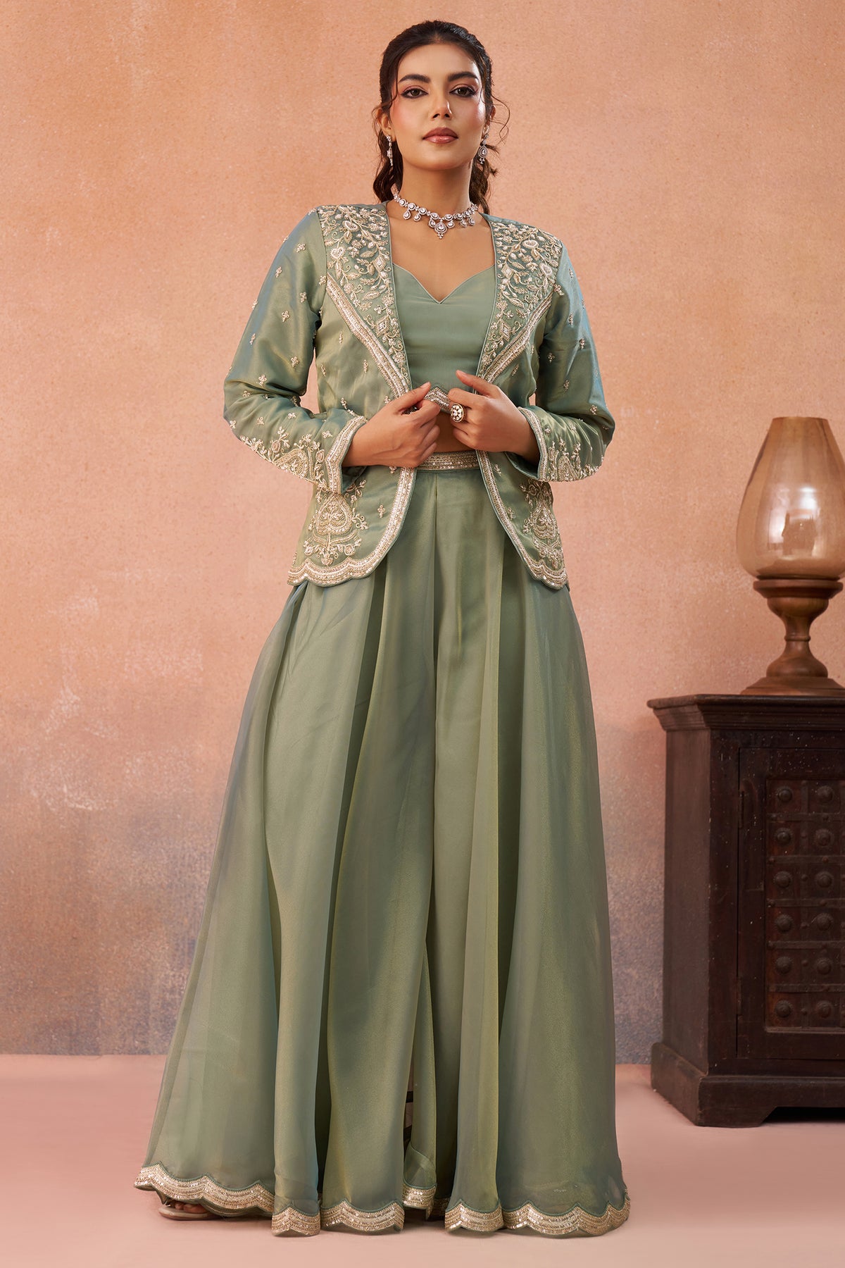 Sage Green Tissue Crop Top Palazzo Set full length wedding reception and festive look