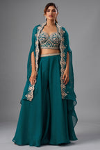 Teal Blue Organza Crop Top Palazzo Set with beads embroidered design and flared cape front view