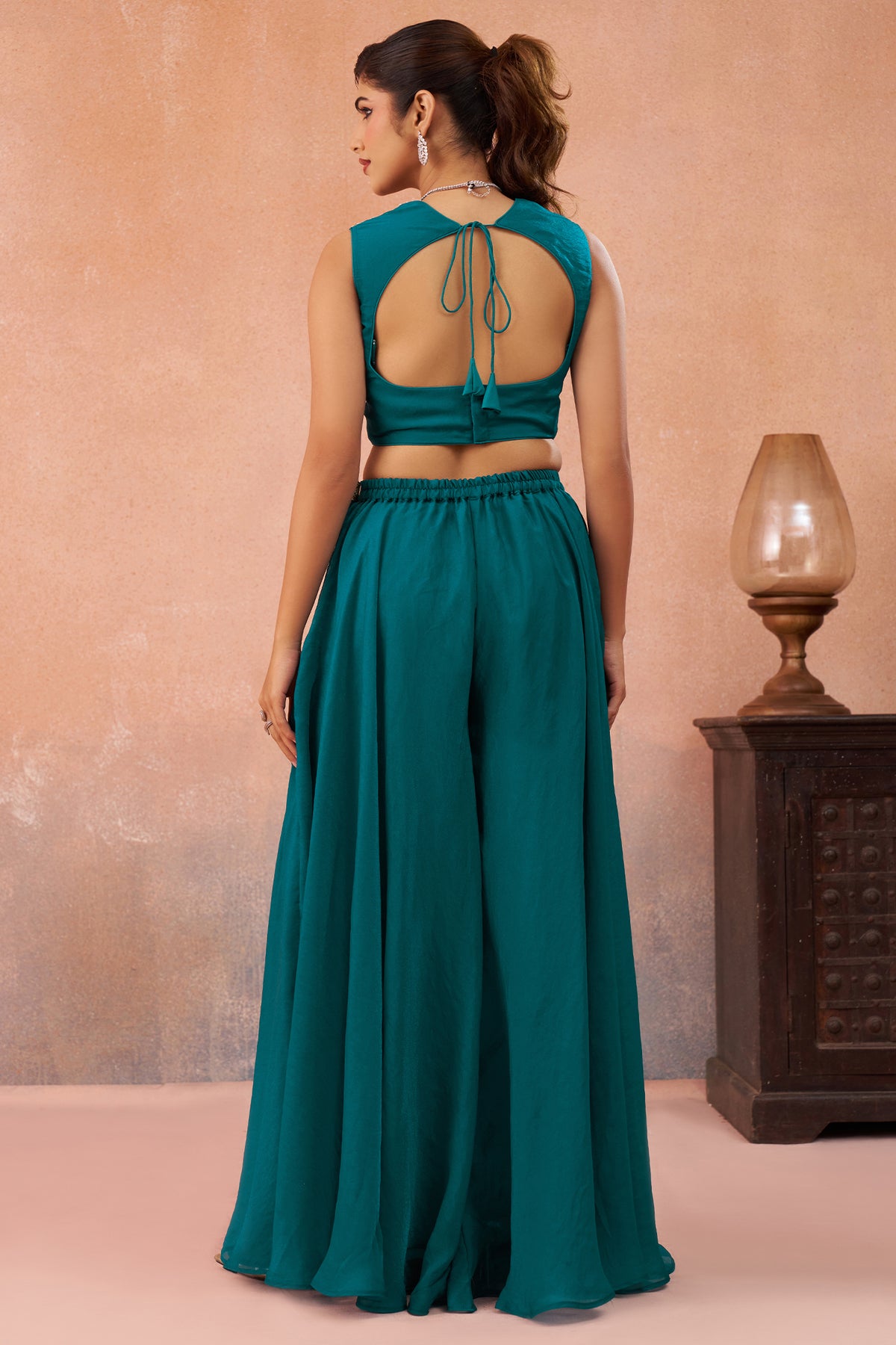 Teal Blue Organza Beads Embroidered Crop Top with Flared Cape and Palazzo Set - red organza saree embroidered