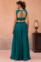 Teal Blue Organza Beads Embroidered Crop Top with Flared Cape and Palazzo Set - red organza saree embroidered