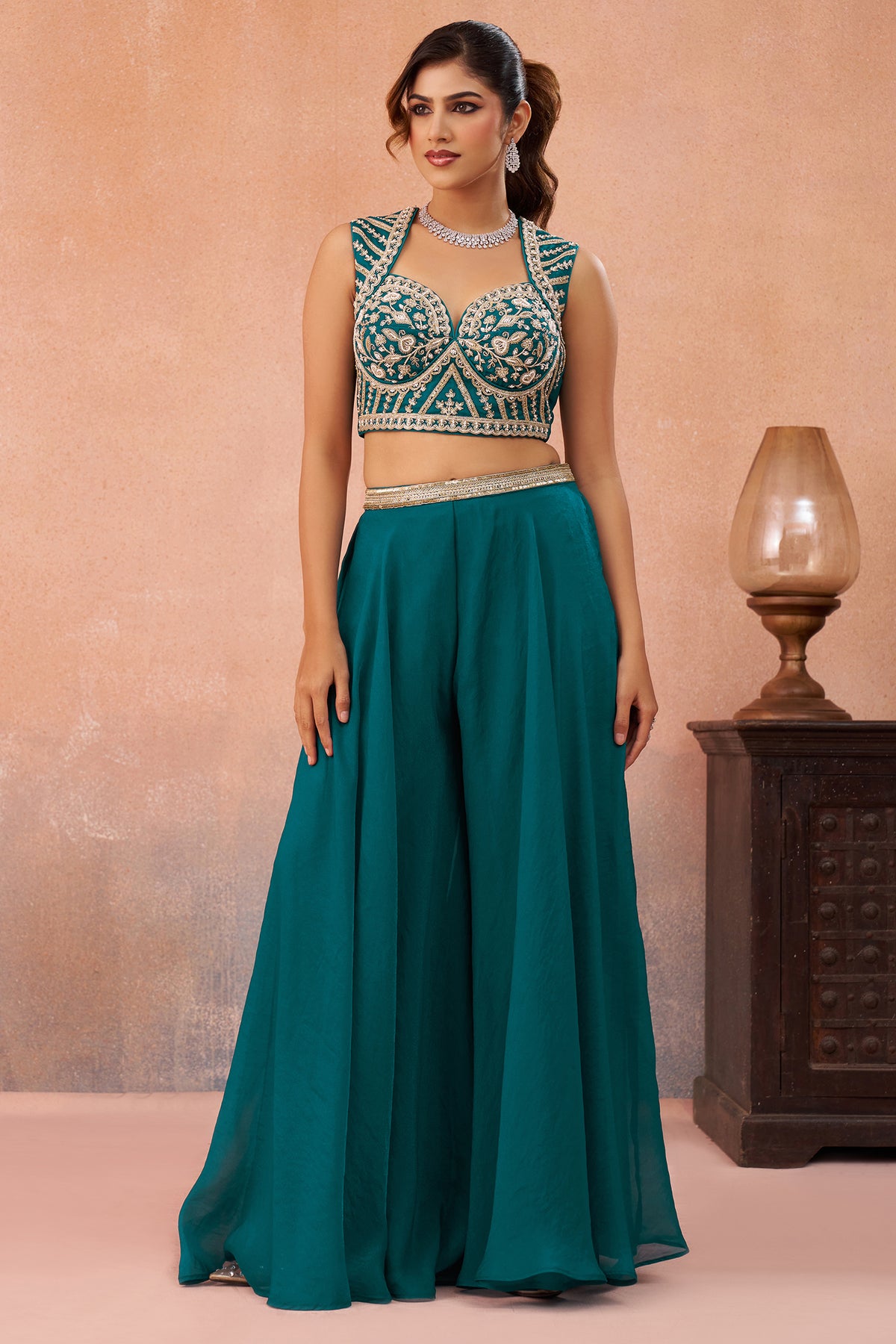 Teal Blue Organza Crop Top Palazzo Set highlighting the premium sheer organza fabric texture close up