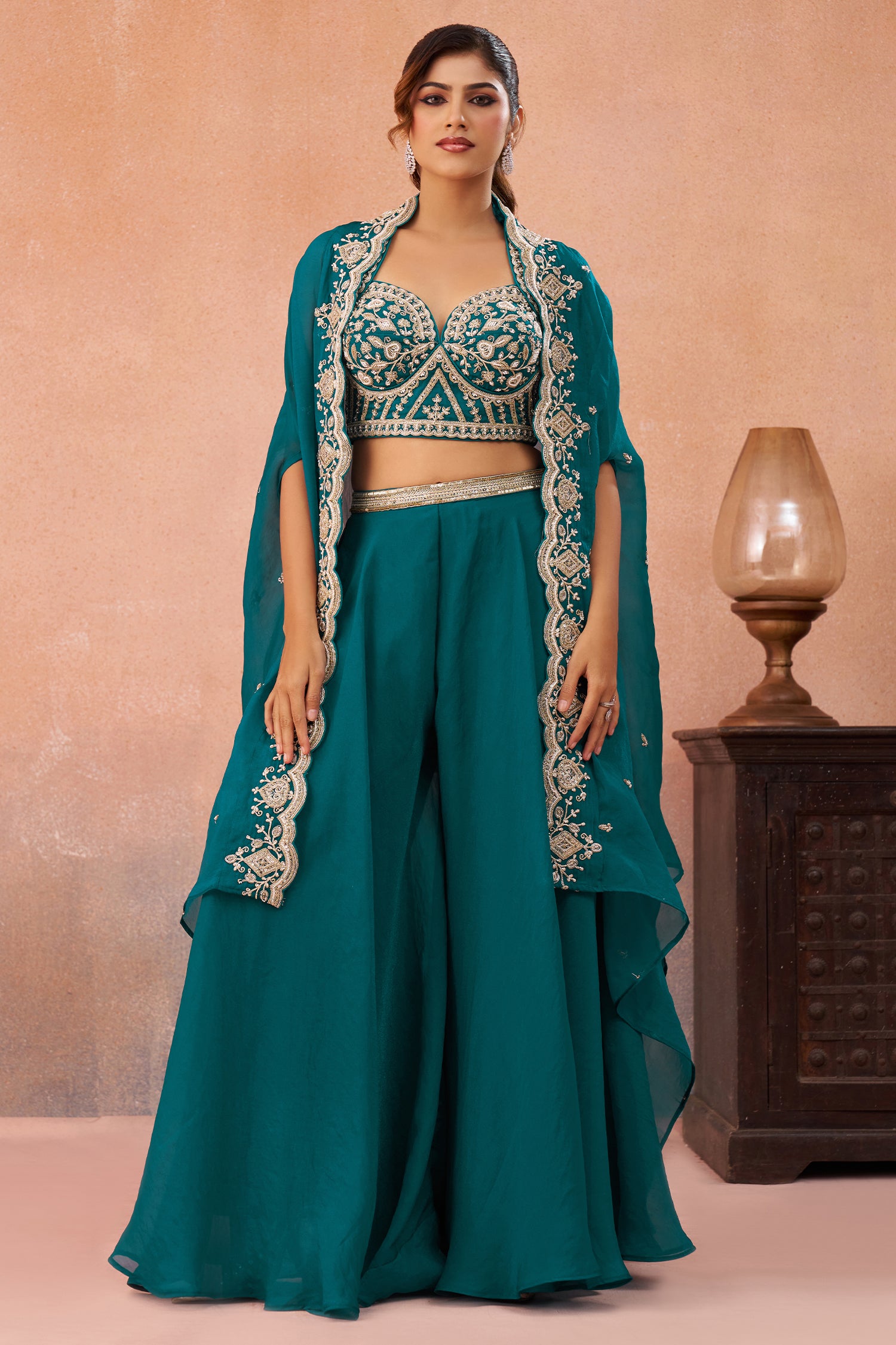 Teal Blue Organza Crop Top Palazzo Set back view featuring the elegant flowing flared cape drape