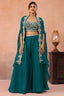 Teal Blue Organza Crop Top Palazzo Set back view featuring the elegant flowing flared cape drape