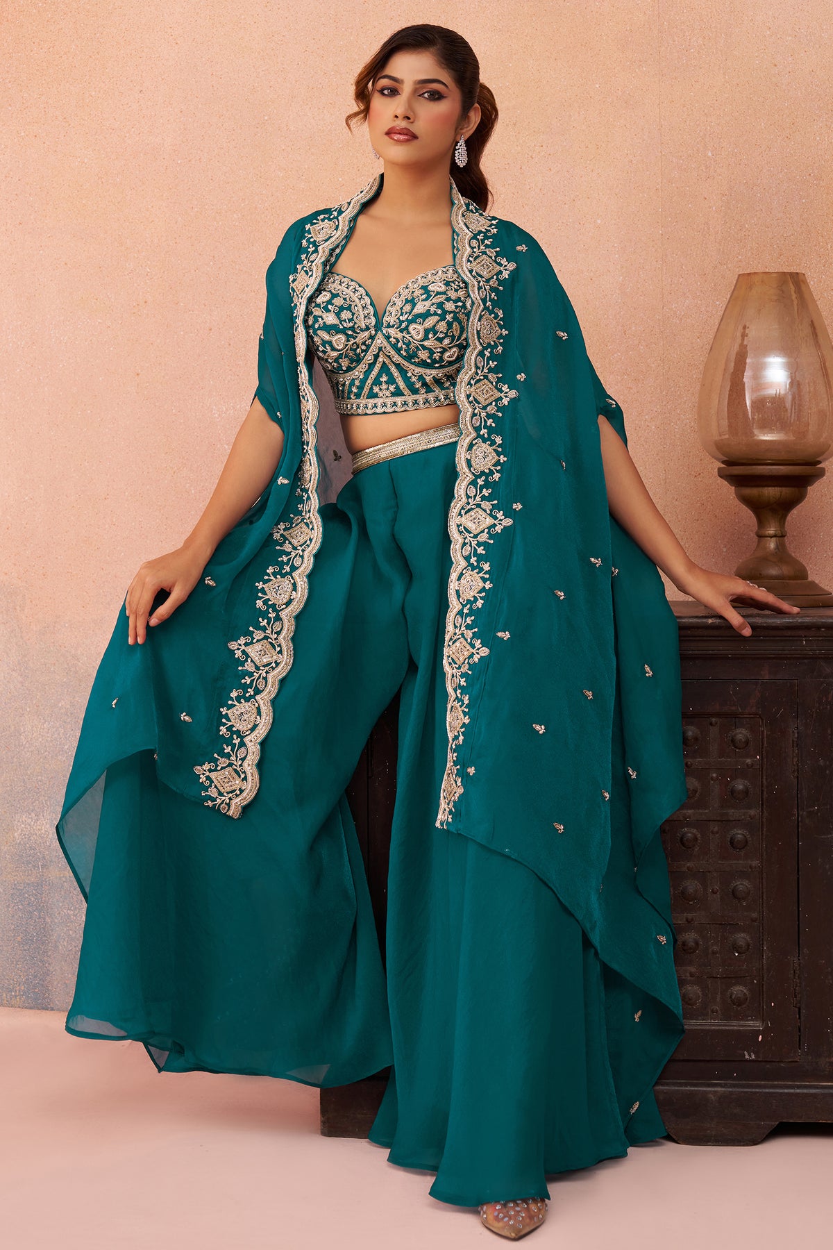 Teal Blue Organza Crop Top Palazzo Set full length look for contemporary festive events and weddings