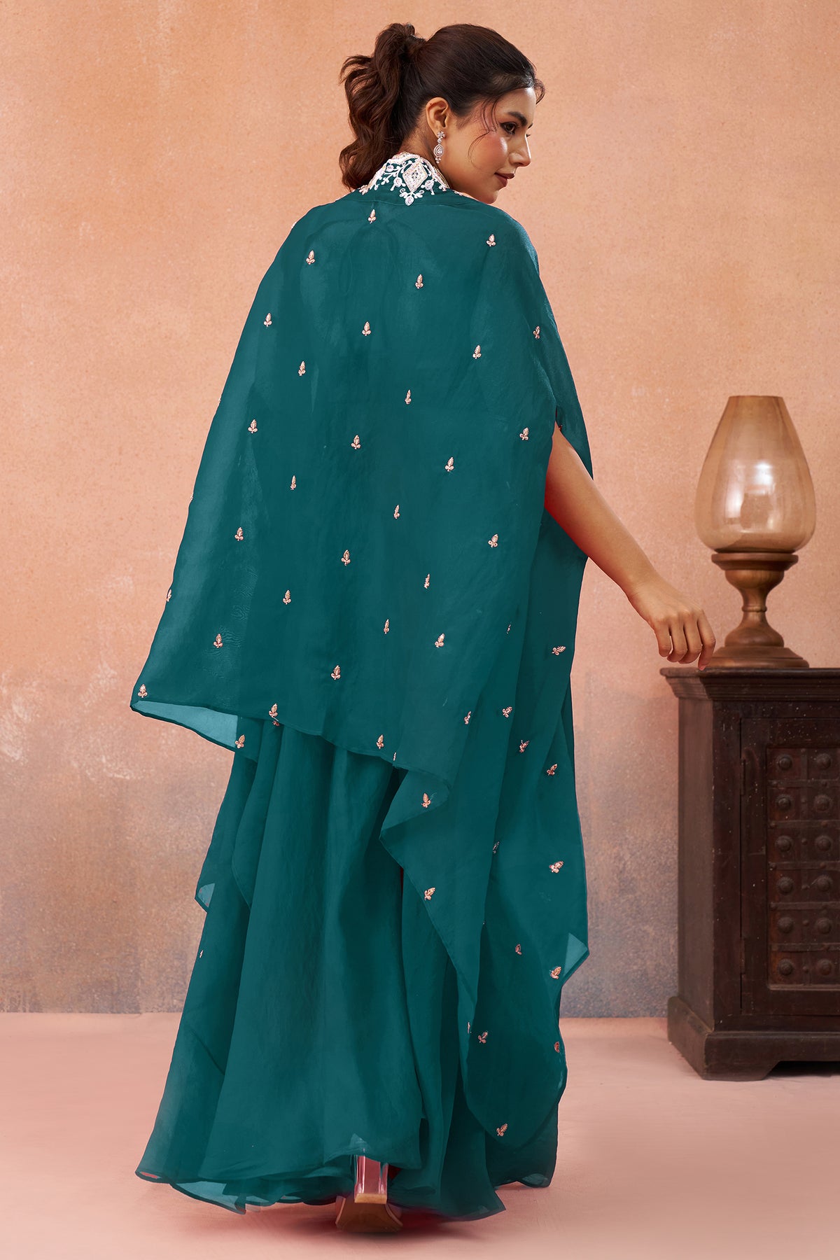 Teal Blue Organza Beads Embroidered Crop Top with Flared Cape and Palazzo Set - red organza saree embroidered