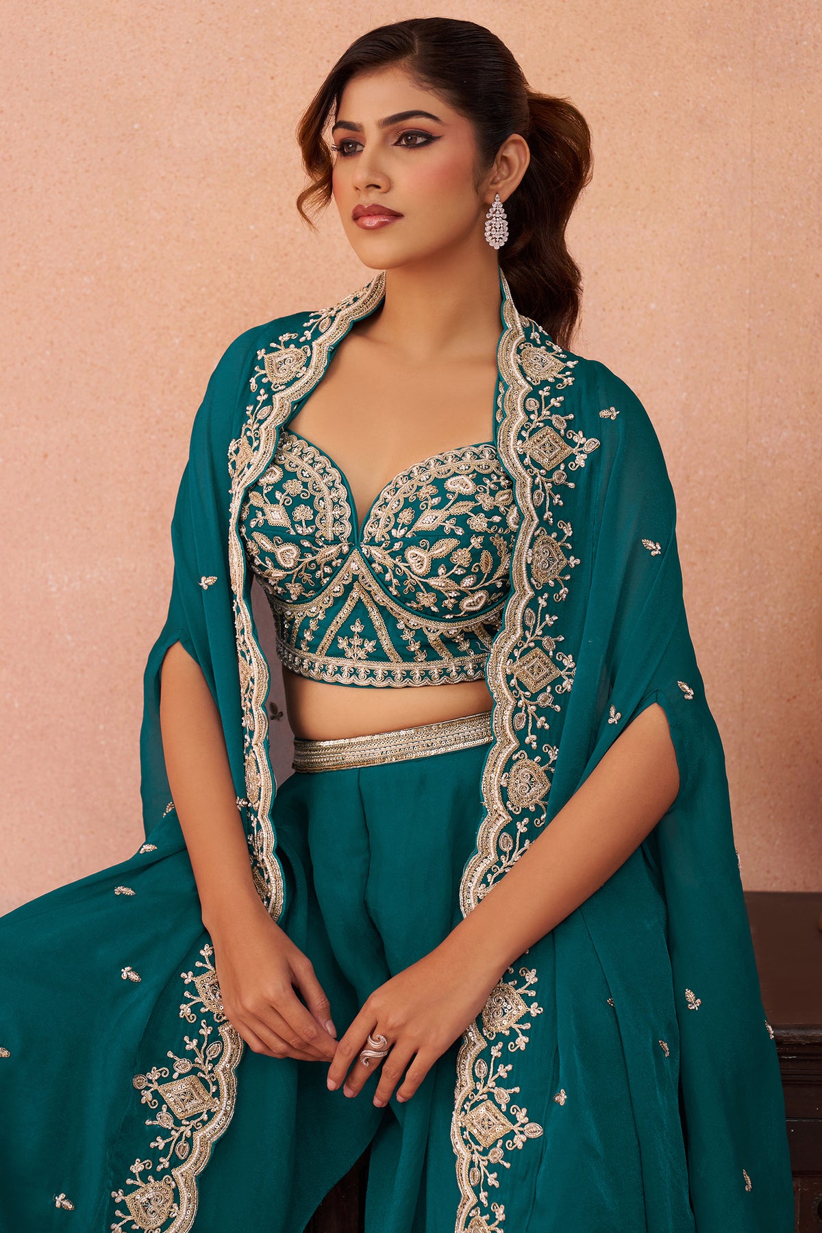 Teal Blue Organza Beads Embroidered Crop Top with Flared Cape and Palazzo Set - red organza saree embroidered