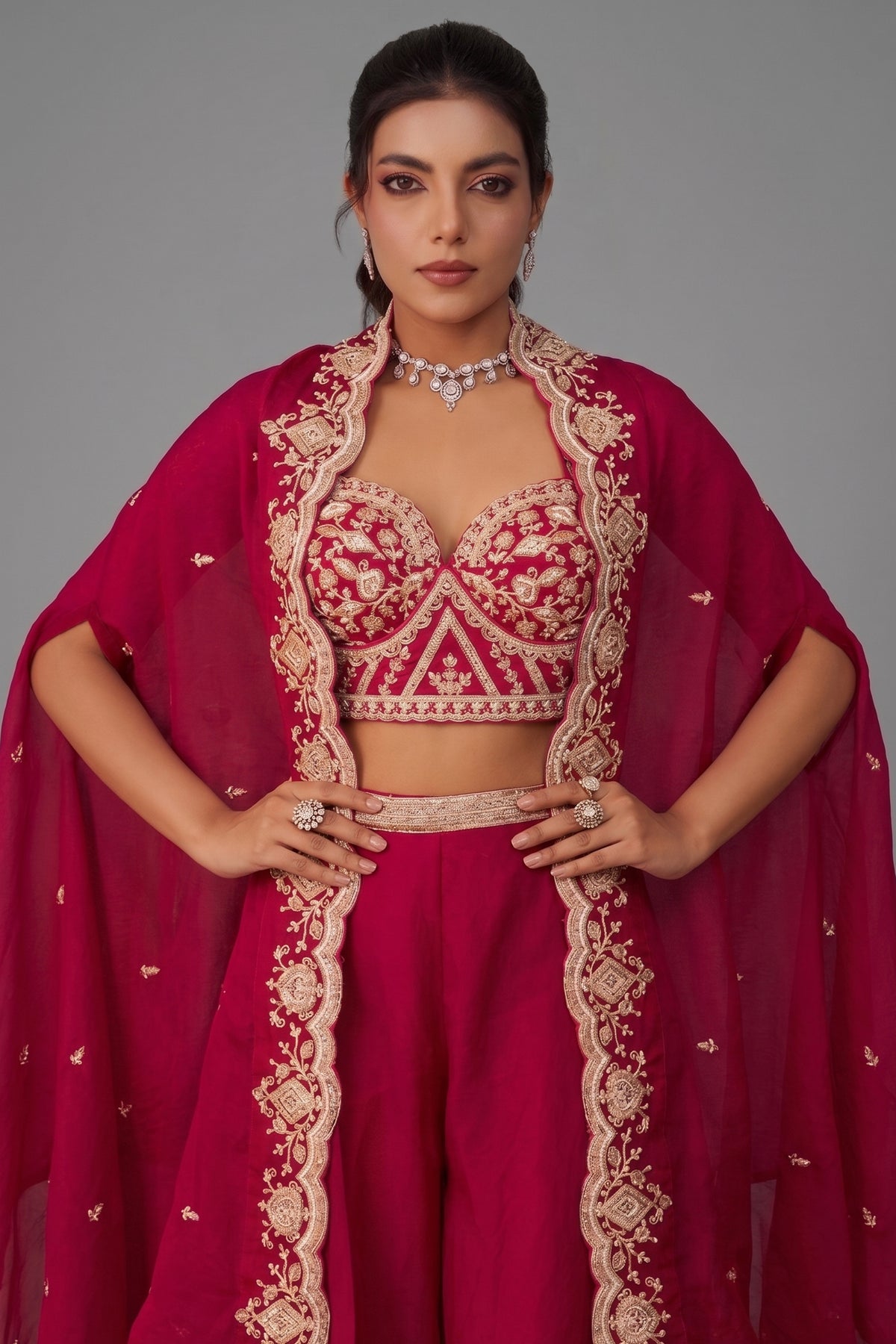 Dark Pink Organza Crop Top Palazzo Set showcasing intricate beadwork and premium embroidery details