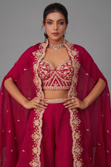 Dark Pink Organza Crop Top Palazzo Set showcasing intricate beadwork and premium embroidery details