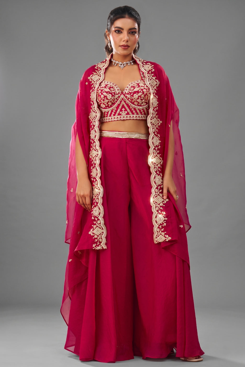 Dark Pink Organza Crop Top Palazzo Set with beads embroidery and flared cape front view