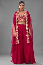 Dark Pink Organza Crop Top Palazzo Set with beads embroidery and flared cape front view