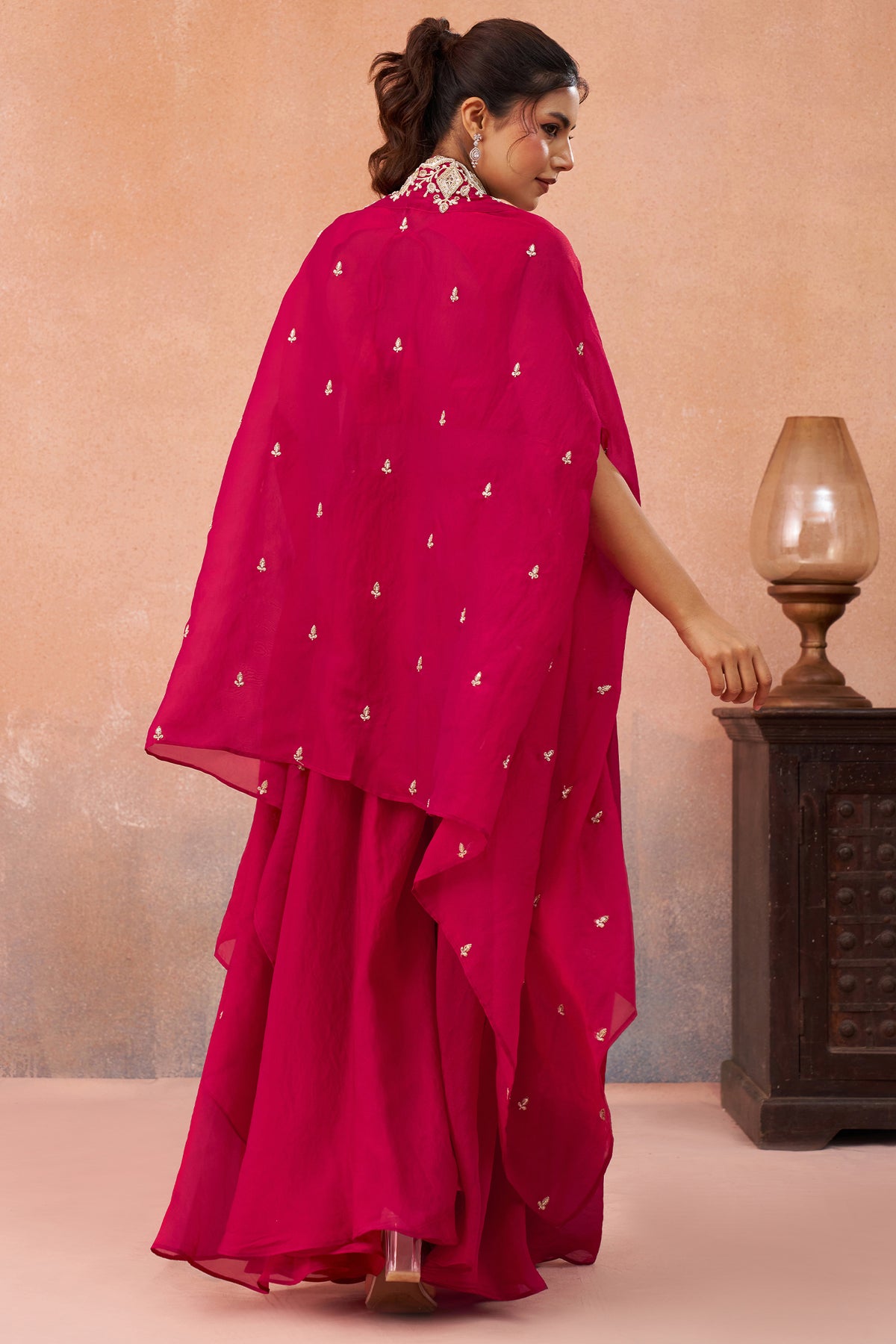 Dark Pink Organza Beads Embroidered Crop Top with Flared Cape and Palazzo Set - red organza saree embroidered