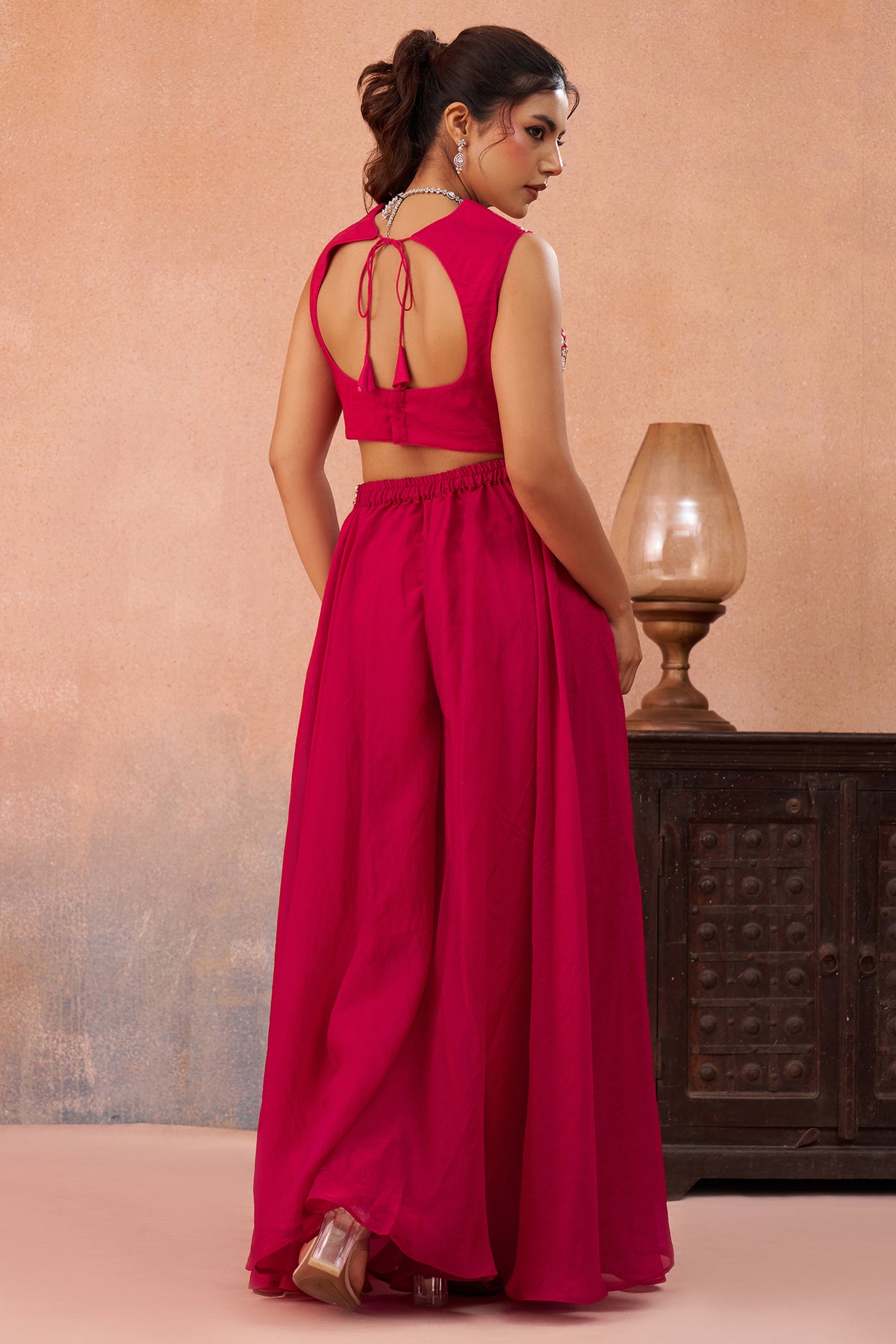 Dark Pink Organza Beads Embroidered Crop Top with Flared Cape and Palazzo Set - red organza saree embroidered